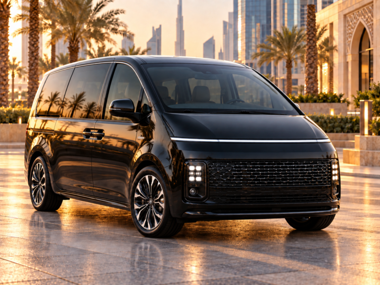 Hyundai Staria glossy black mpv at golden hour